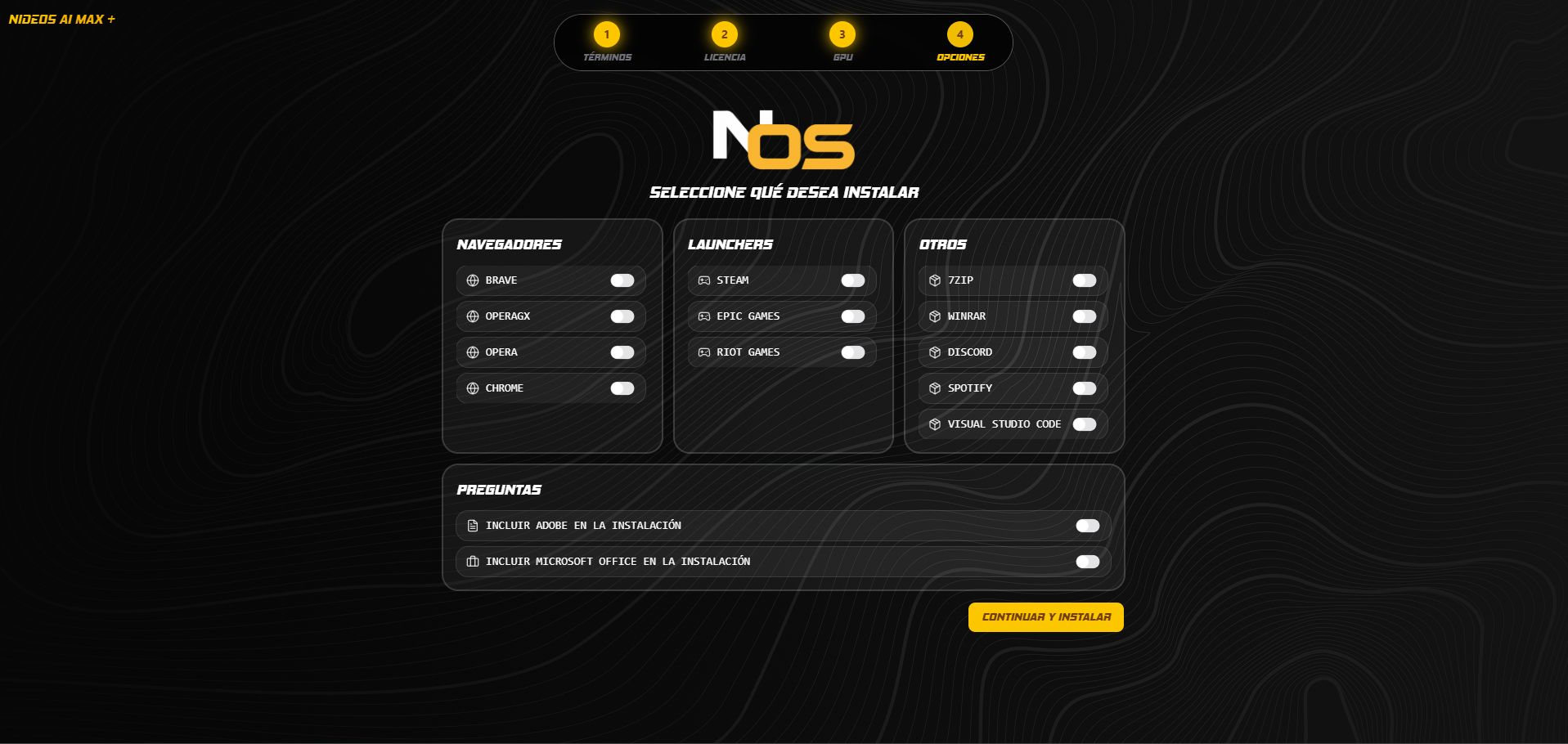 Pantalla de instalador con multiples opciones de software