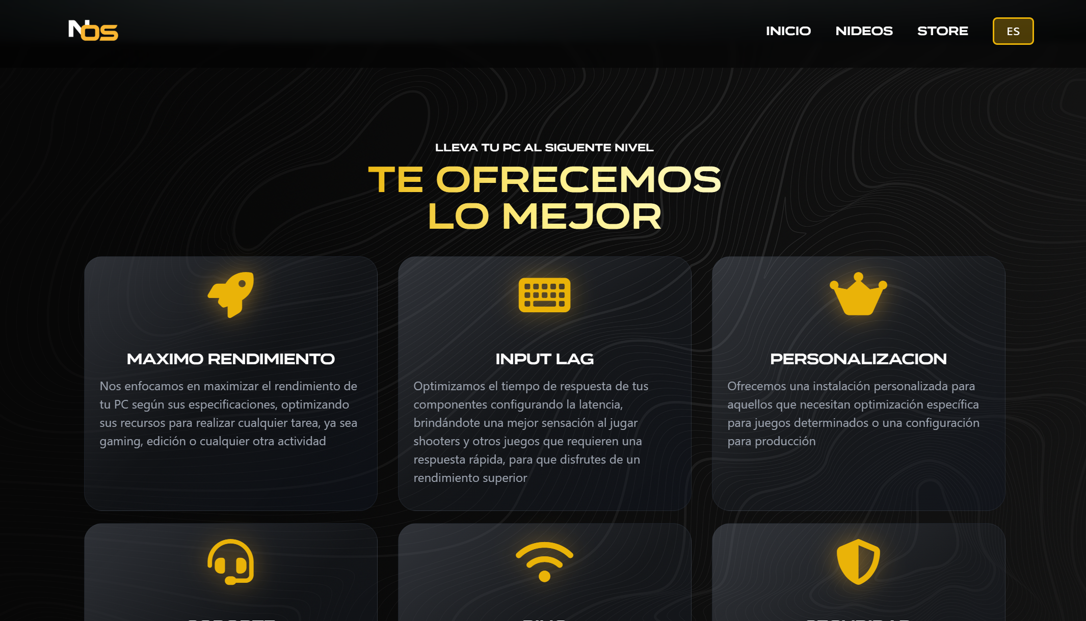 Bloques de beneficios y servicios en una landing oscura de NideOS